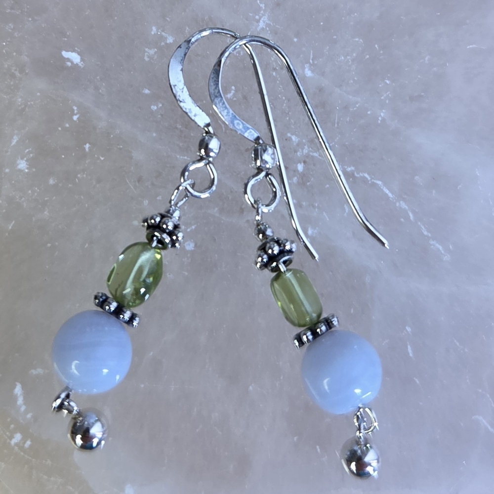 Blue Lace Agate And Peridot  Sterling Silver Earrings